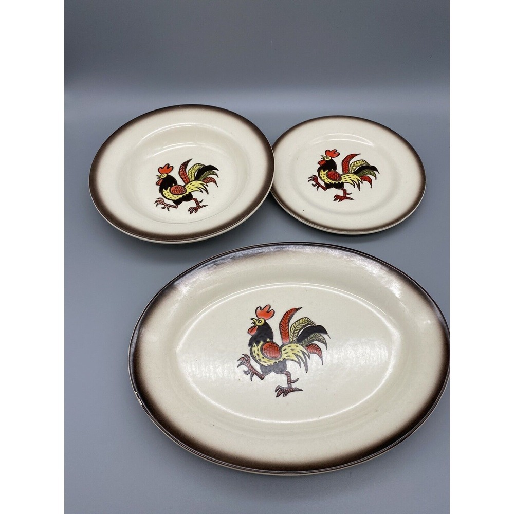 Vintage Metlox Poppytrail Rooster Oval Platter, 8.5"Bowl, 7.5"Plate‎ Made In USA